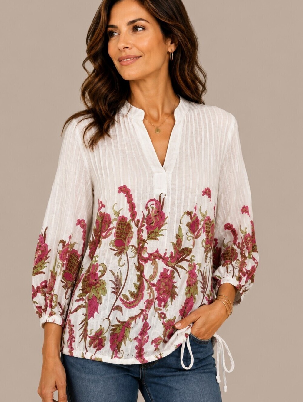 120% LINO Hot Pink Italian Linen Pintucked Paisley Drawstring Blouson Tunic